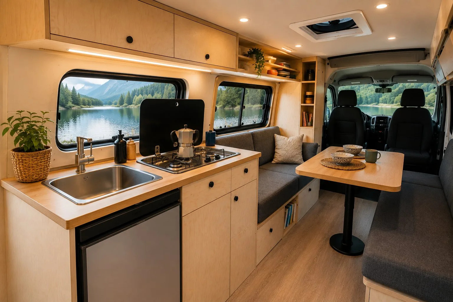 Intérieur van aménagé bois cuisine Van'S Évolution Occitanie