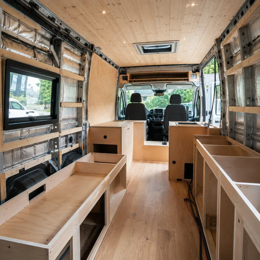 Van en cours d'isolation et structure bois — Van'S Évolution atelier