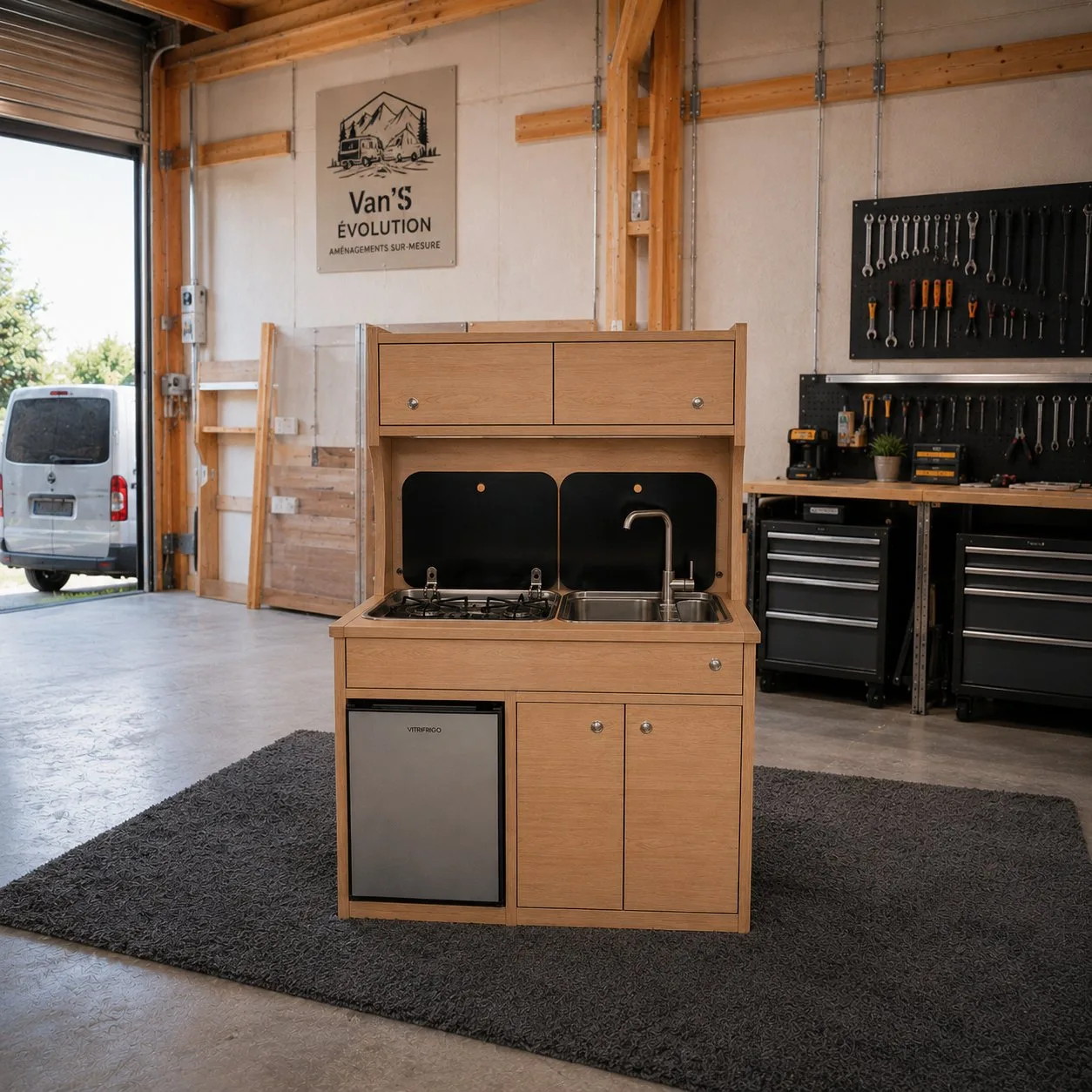 Cuisine van compacte inox évier réchaud
